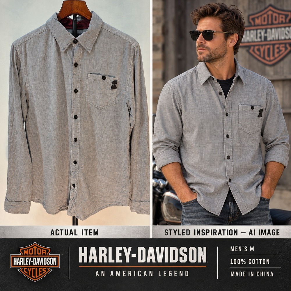 Harley Davidson Men's M Long‎ Sleeve Shirt Grey Herringbone Cotton Button Down